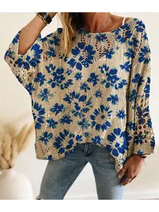 Spring/Summer style, boat neck with diamond cutout, batwing drop shoulder loose fit, long-sleeve women's knitted top with contrast color tie-dye floral print, vacation style, casual and elegant for commuting, women's vest cover-up, bikini cover-up.