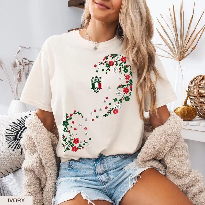 Comfort Colors Mexico Soccer Shirt, Floral Football Fan Graphic Tee, Game Day T-Shirt, Women's Sports Fan Gift Unisex, For Woman, Womenswear's Top Vintage