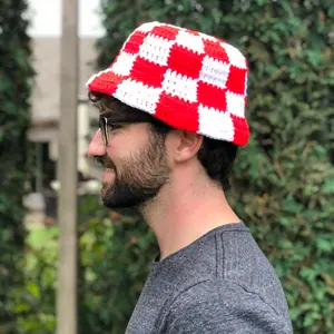 Handmade Crocheted Adult Checkered Bucket Hat - Stretchy Yarn for Warmth & Comfort - Variety of Team Colors - One Size Fits Most