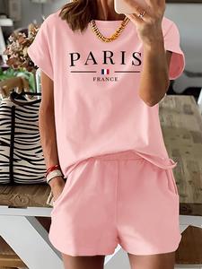 women's letter & flag print two-piece set, short sleeve tee & elastic waist shorts set, casual round neck t-shirt & pocket shorts for summer, ladies clothes for daily wear, women's 2 piece sets, womenswear