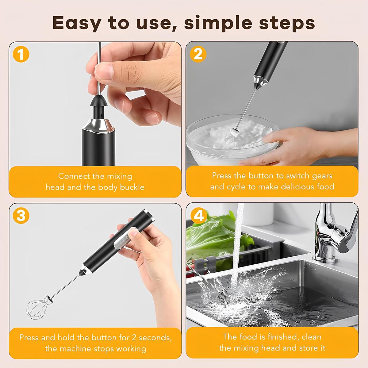 Electric Rechargeable Milk Frother, Handheld Coffee Frother with 3 Detachable Stainless Steel Whisks, 3-Speed Drink Mixer for Latte, Cappuccino, Matcha, Protein Powder, Hot Chocolate & Eggs