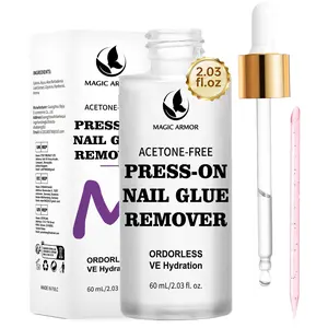 MAGIC ARMOR 60ML Press On Nail Glue Remover - Acetone-Free Odorless Fake Nail Remover with Crystal Stick, Soft Painless Removal for Nail Tips & Rhinestone Adhesive