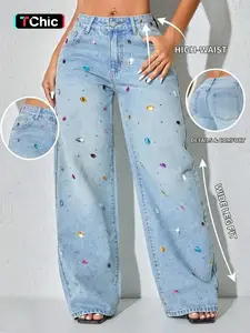 Women's New Fashion Chic Denim High Waist Wide Leg Pants, Comfortable Elastic Soft Rhinestone Craftsmanship, Trendy Casual Long Jeans for All Seasons