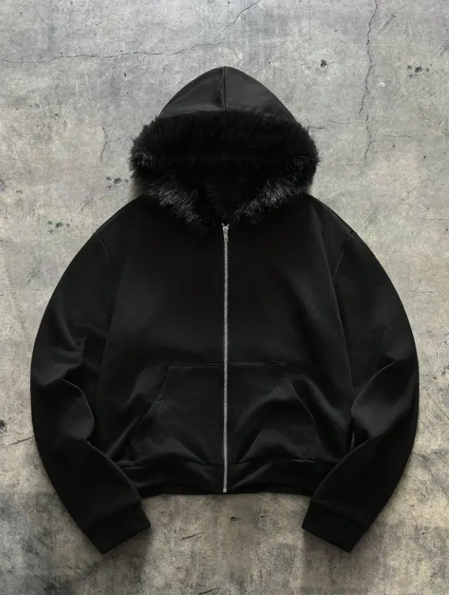 2026 New Unisex Drop-Shoulder Zip-Up Hooded Sweatshirt, Faux Fur Collar, Loose Street Style Y2K Heavyweight Hoodie, Cardigan-Style Thickened Sweatshirt, Polyester Sweatshirt clothes Casual Black