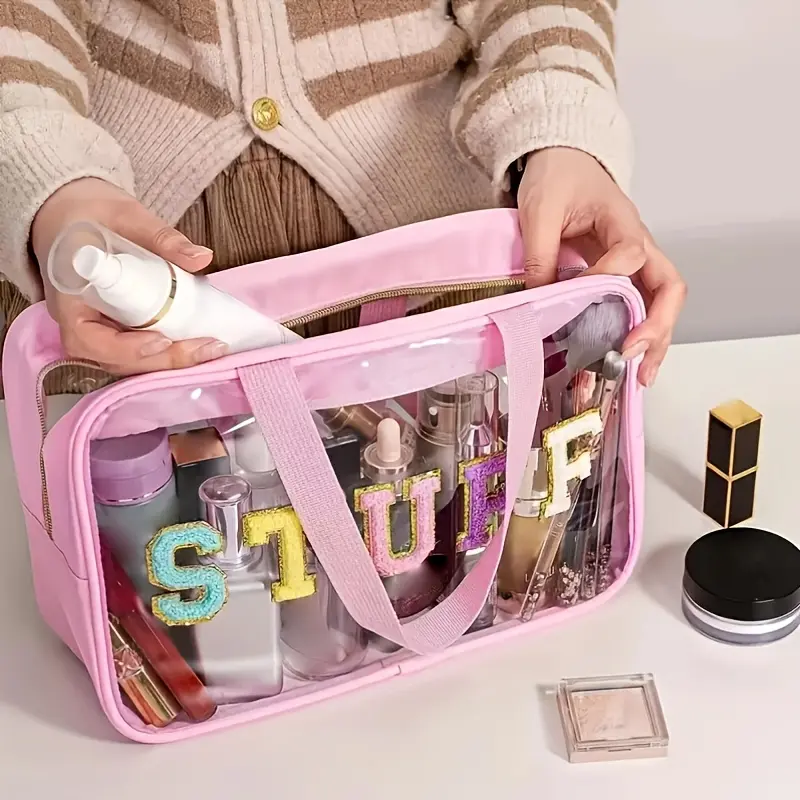 Large Capacity Clear PVC Cosmetic Bag with "STUFF" Lettering, Double Handles and Zipper Closure - Portable Cosmetic Storage Bag for Travel or Daily Use, Large Cosmetic Bag