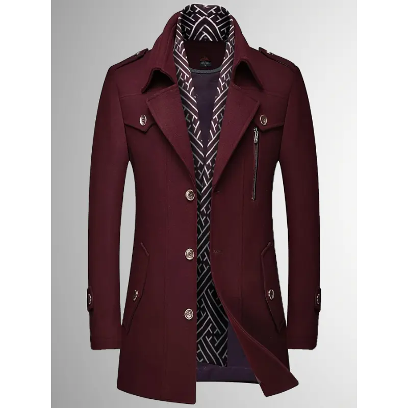 1pc INVACHI Men'S Wool Blend Trench Coat - Casual Notched Lapel Single Breasted Overcoat with Detachable Scarf, Long Sleeve Solid Color Zip-Up Outerwear for Autumn/Winter