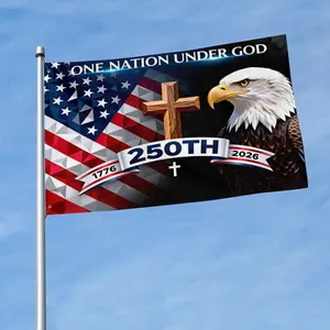 1776-2026, With One Nation Under God with 2 Brass Grommets for Indoor Outdoor, Double Stitched, Wall Hanging Tapestry Room Decor, College Dorm Decorations