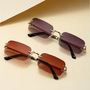Vintage Rimless Cut Edge Square Sunglasses for Women Men, Punk Hip Hop Style UV400 Protection Shades