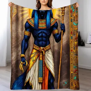 Mystical Egyptian Anubis Flannel Blanket, Soft Warm Cozy Flannel, Divine Sun Disk & Regalia Print, Perfect For Bed, Sofa, Camping, Travel - All Seasons, Machine Washable, Ancient Sacred Style