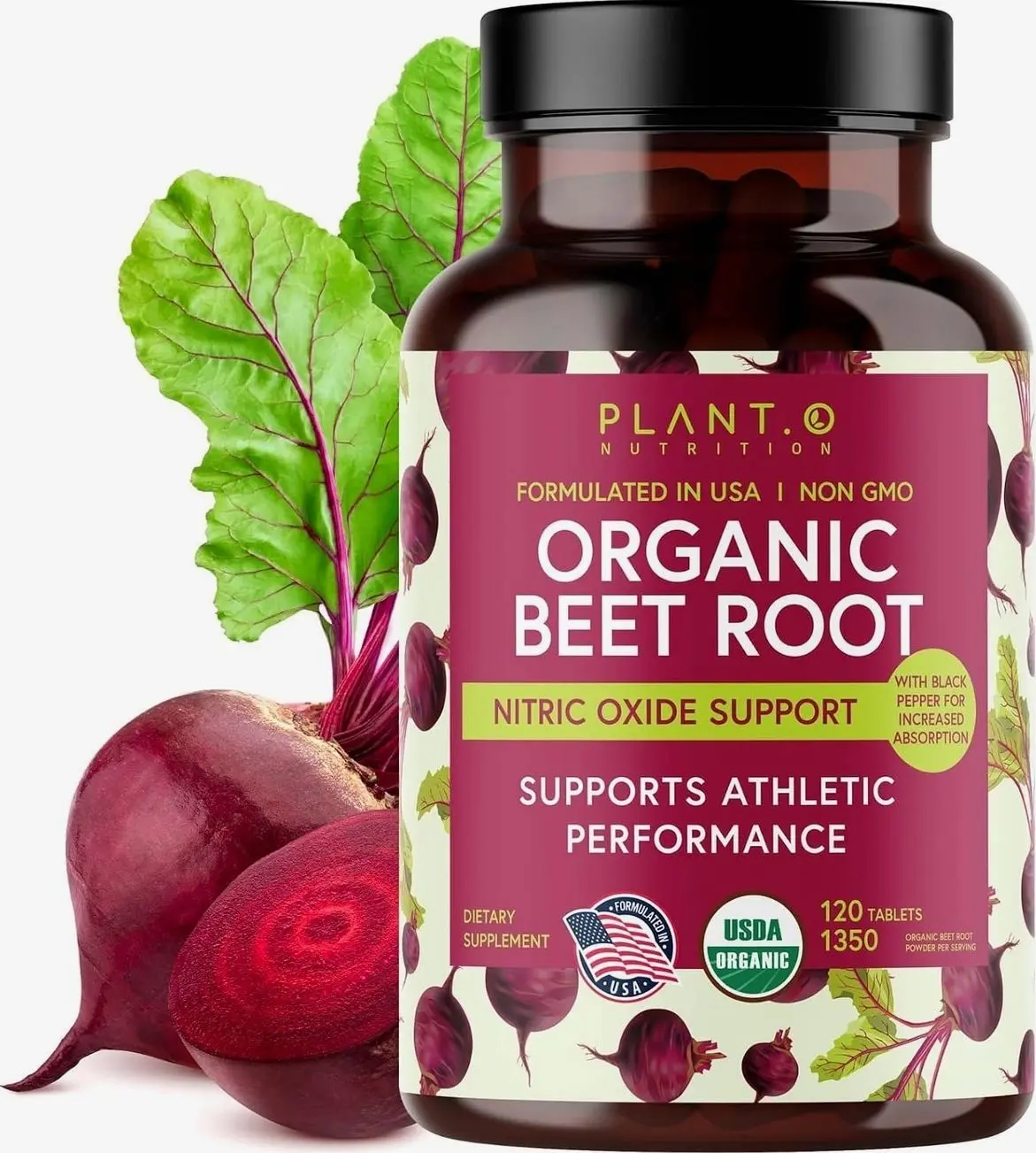 USDA Plant.O Premium Organic Beet Root Tablets [1350mg Beets Powder] with Black Pepper for Extra Absorption - Nitric Oxide Supplement