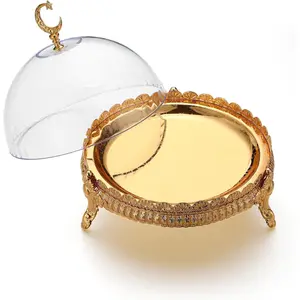 Ramadan Tray Ramadan Mubarak Table Decoration Eid Metal Date Holder with Acrylic Lid Serving Tray for Muslim Kitchen Dining Dessert Cupcake Display Table Centerpieces
