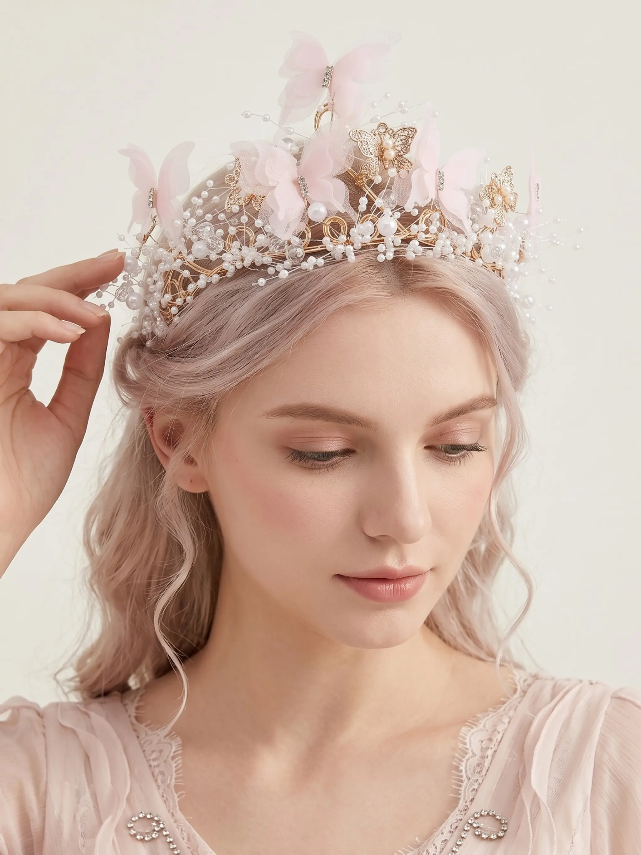 Dreamy Lace Butterfly Crown, Adjustable Rhinestone Artificial Pearl Headband, Wedding Birthday Party Accessory, Boho Style Hair Decor, Bridal Headband