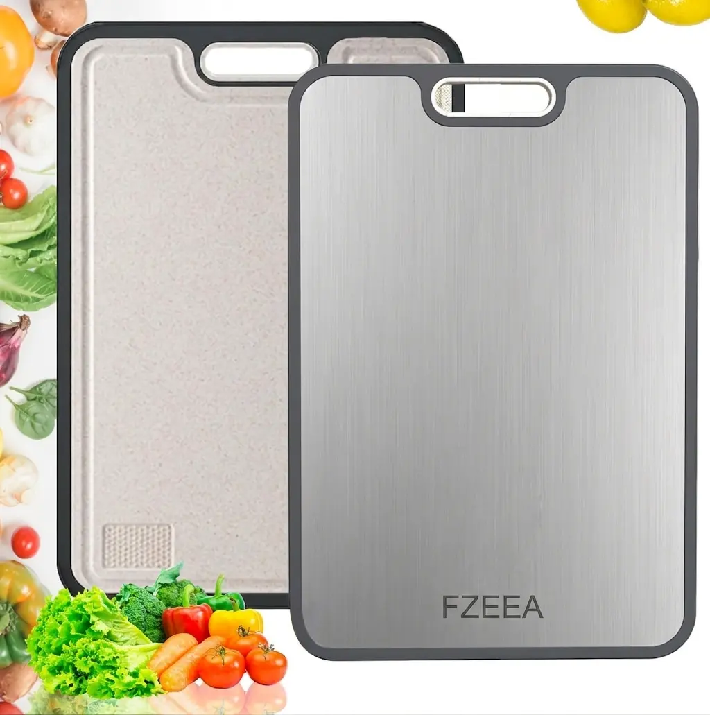 FzeeaTitanium Cutting Board for Kitchen, Non Toxic Stainless Steel Cutting Board Double Sided, Food Grade Pure Titanium & Wheat Straw PP, Meat & Vegetable Chopping Boards, Scratch Resistant, Large 15”×10.4”