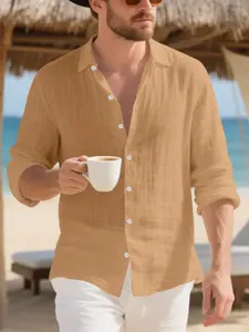Men's Linen Long Sleeve Shirt, Casual Loose Fit Button-Up Hawaiian Style, Spring & Fall Fashion, Comfortable Flip-Neck Design, Casual Comfy Collared