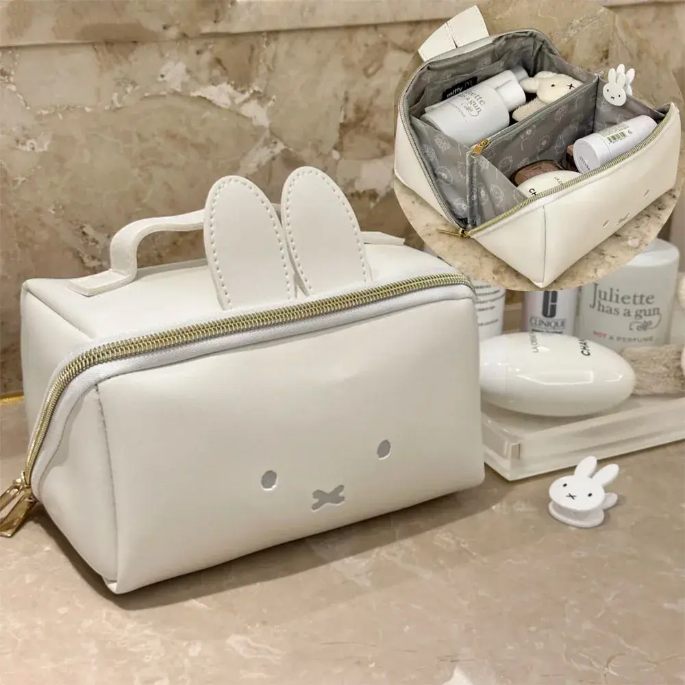 Miffy Large Capacity Handheld Makeup Bag Kawaii PU Leather Waterproof Portable Storage Bag Stationery Storage Bag Gift Toy