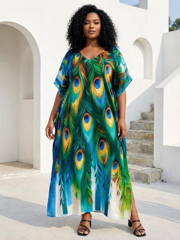 EDOLYNSA kaftans for woman oversized Moo Moo Dress printing Beach Holiday Dress beach wear vacation lounge around cover up party casual outfits muumuu caftan Comfy Homewear versatile Robe Q1469