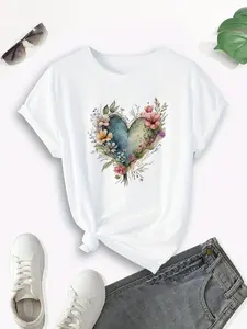 Women's Summer Breathable Comfortable Fabric Round Neck T-Shirt with Heart Bouquet Pattern
