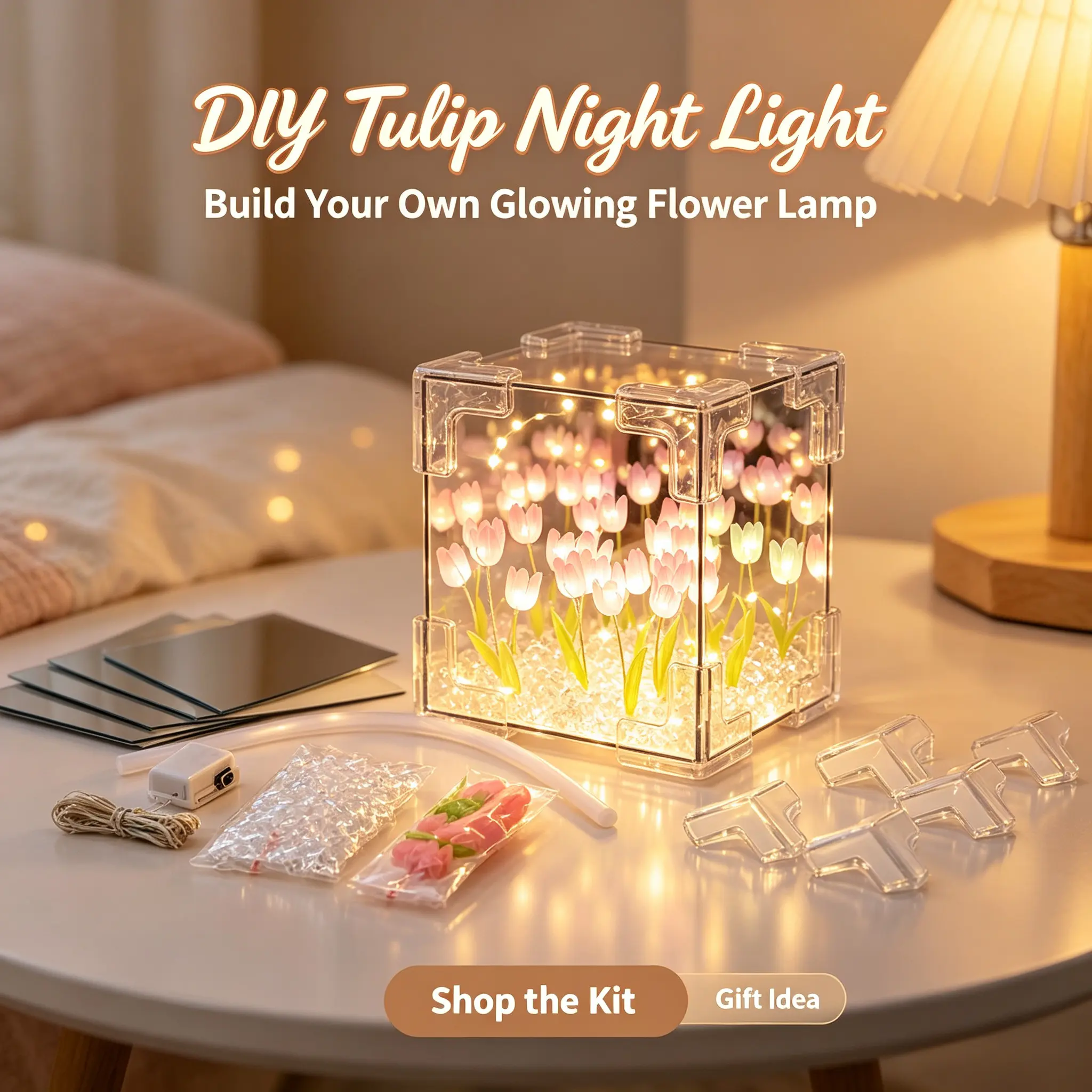 Handmade Tulip Mirror Cube Lamp DIY Kit with Infinite Mirror Effect, LED Night Light with All Accessories Included, Unique Personalized Gift for Girls, Festive Home Desktop Decor