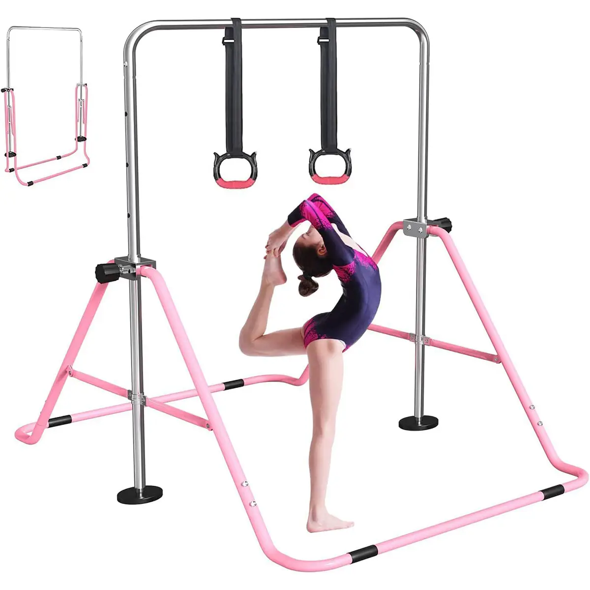 FBsport Gymnastics Bar for Kids with Rings, Adjustable Height Folding Horizontal Bars, Junior Gymnastics Training Children Monkey Bars for Home Practi