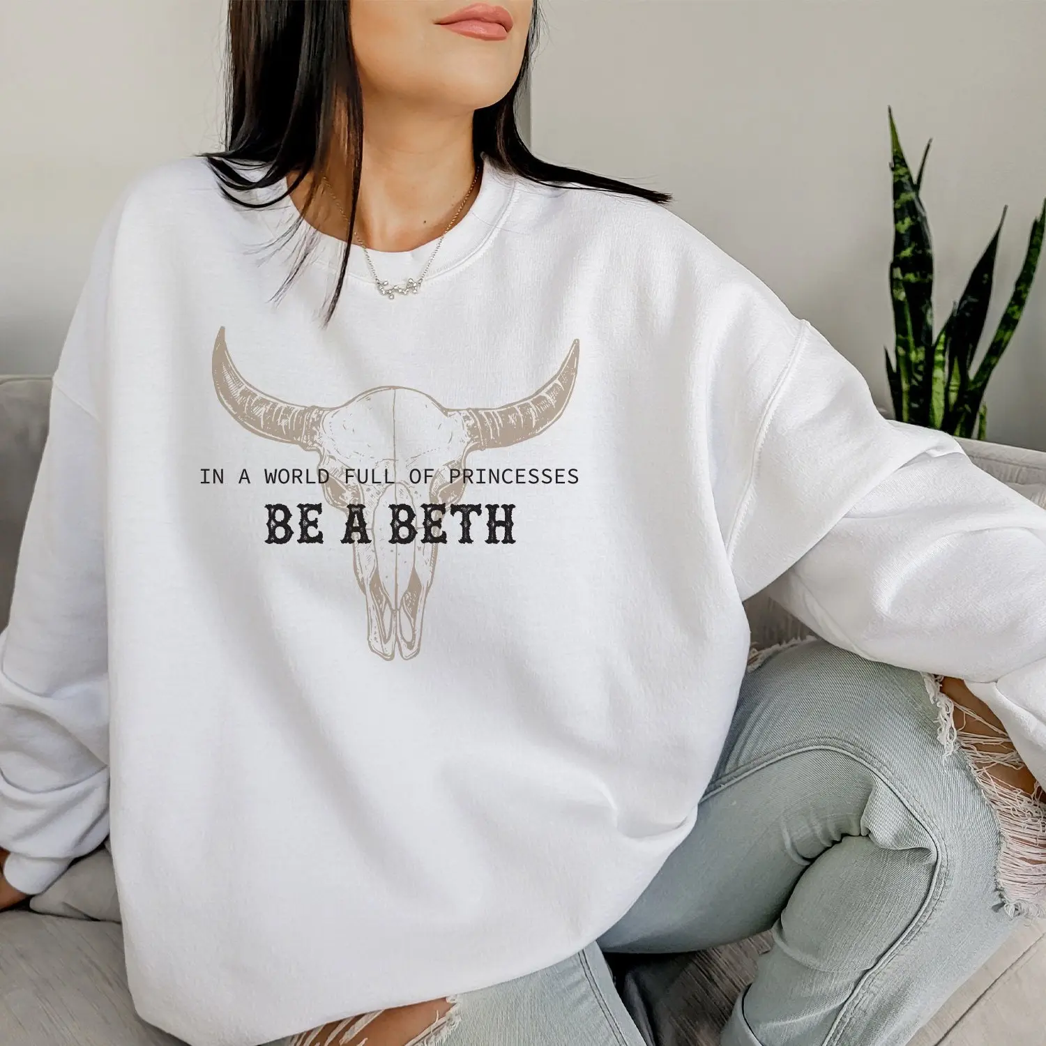 Boho Cow Skull Howdy Be a Beth Crewneck Women's Pullover Sweatshirts, Wild West Cowgirl Bull Skull Country Shirt, Western Style Gifts