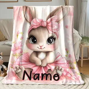Personalized Rabbit Blanket for easter- Custom Name/Text - Light Pink and Brown Floral Rabbit with Bow - Lightweight Flannel Travel Blanket, Sofa Throw - Soft All-Seasons Bedspread - Birthday/easter Gift Idea - Digitally Printed Charming Rabbit