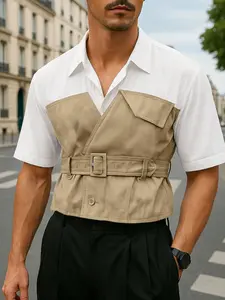 INCERUNMEN Men's Fashion Casual Short Sleeve Shirt Top, Two-Piece Deconstructed Colorblock Design, Menswear Perfect for Daily Wear, Stylish and Comfortable