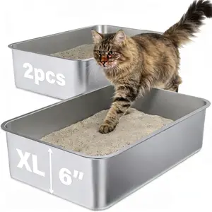 Stainless Steel Litter Box 2 Pack,  Steel Litter Box XL No Smell, Extra Large Metal Litterbox for Big Cat, Multiple Cats, Non Stick, Easy Cleaning
