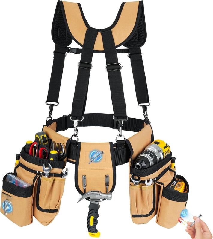 Tool Belt with Suspenders,27-Pockets Heavy Duty Tool Belts for Men with Tool Pouch,Detachable & Adjustable Work Belt Bag for Electrician,Carpenter,Construction,Utility Toolbelt,Black,Brown Tool Belt with Suspenders,27-Pockets Heavy Duty Tool Belts for Men with Tool Pouch,Detachable & Adjustable Work Belt Bag for Electrician,Carpenter,Construction,Utility Toolbelt,Black,Brown