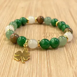 Green aventurine and chrysocolla bead necklace bracelet with four-leaf clover pendant, natural stone fortune jewelry, vintage bohemian style, St. Patrick's Day and Thanksgiving gifts, unisex elegant accessories