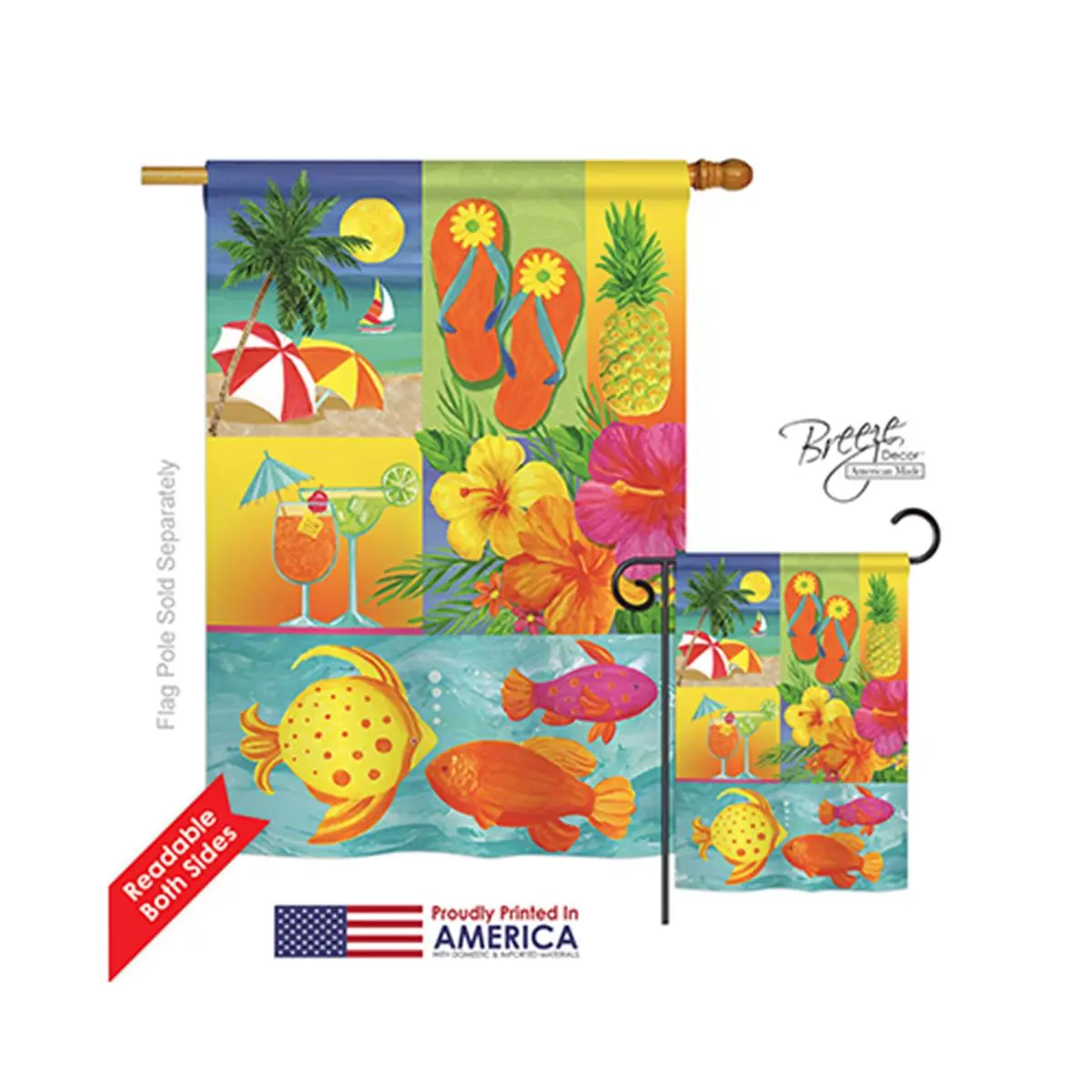 Breeze Decor 06067 Polyester Outdoor Vertical Hanging House Flag, 28x40in, Double-Sided Rectangular, Summer Tropical Collage Impression, Original Artwork, Fade-Resistant Garden Decor