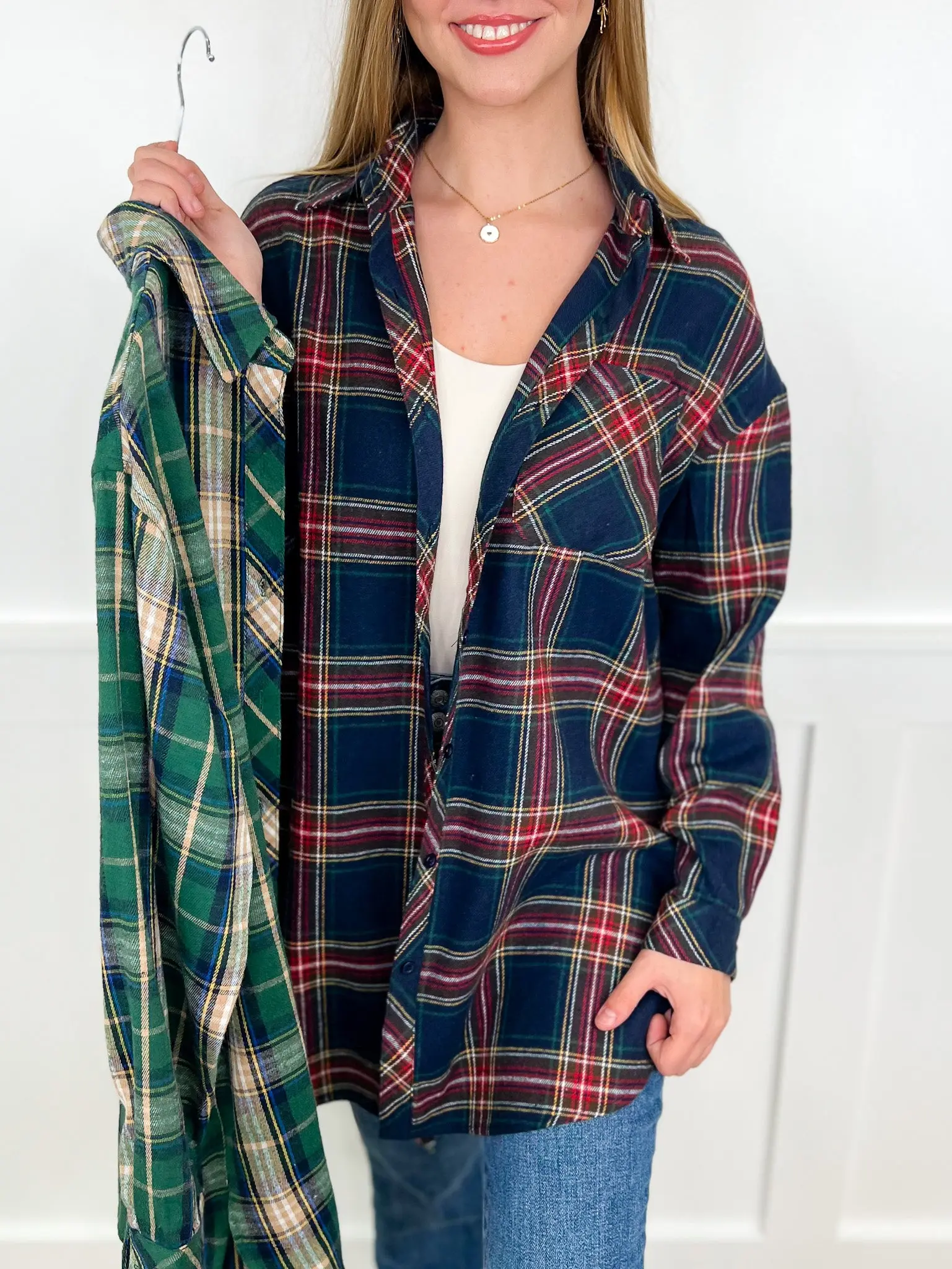 Women's Casual Plaid Flannel Tunic Top, Stretchy Long Sleeve Button-Front Knit Shirt for Layering, Day Wear Fit, 2Xl, Shirts, Tunic Length, Poly-Cotton Mix, Stretchy Knit, Polyester