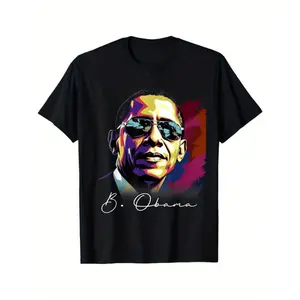 Barack Obama Pop Art Graphic T-Shirt, Retro 44th President B. Obama Signature Print Tee, Black History Month Patriotic Casual Streetwear Top