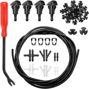 Windshield Washer Nozzles Kit, Windshield Washer Hose Kit with 4M Washer Fluid Hose, 4pcs Sprayer Nozzles & Gasket, 12pcs Connectors, 30 pcs Hood Retainers and 1 Tool Suitable for Most Car