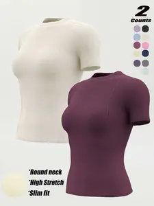 Women's Summer Short Sleeve, Basic Fitness Short Sleeve, Sporty Casual Short Sleeve T-Shirt, Breathable Tight Fit Sports Top, Multi-Pack