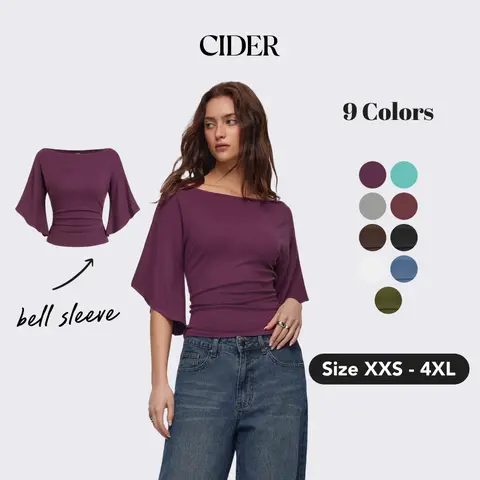 Cider Boat Neck Mid-length Bell Sleeve Ruched Tee