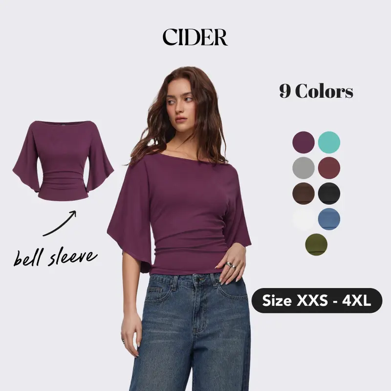 Cider Boat Neck Mid-length Bell Sleeve Ruched Tee