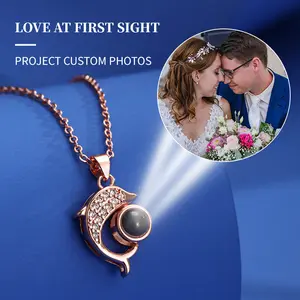 Rhinestone Dolphin Necklace with Photo Projection  • Memorial Photo Pendant • Personalized Picture Inside Jewelry