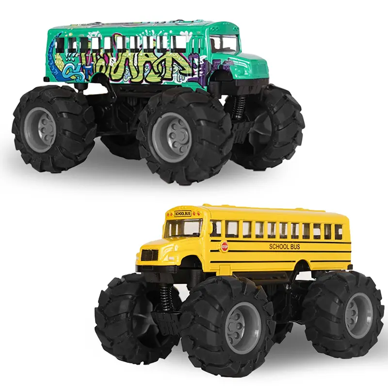 Crelloci 2PCS Die-Cast Alloy School Bus Monster Truck Toys, Diecast Car Pull-Back Vehicles with Graffiti Theme, Big Wheels, Special Thread Tread, High-Quality Plastic, Shock Absorber Springs, 5.1x3.9x3.1in Transportation Gifts for Kids Boys 3+, Back To Sc