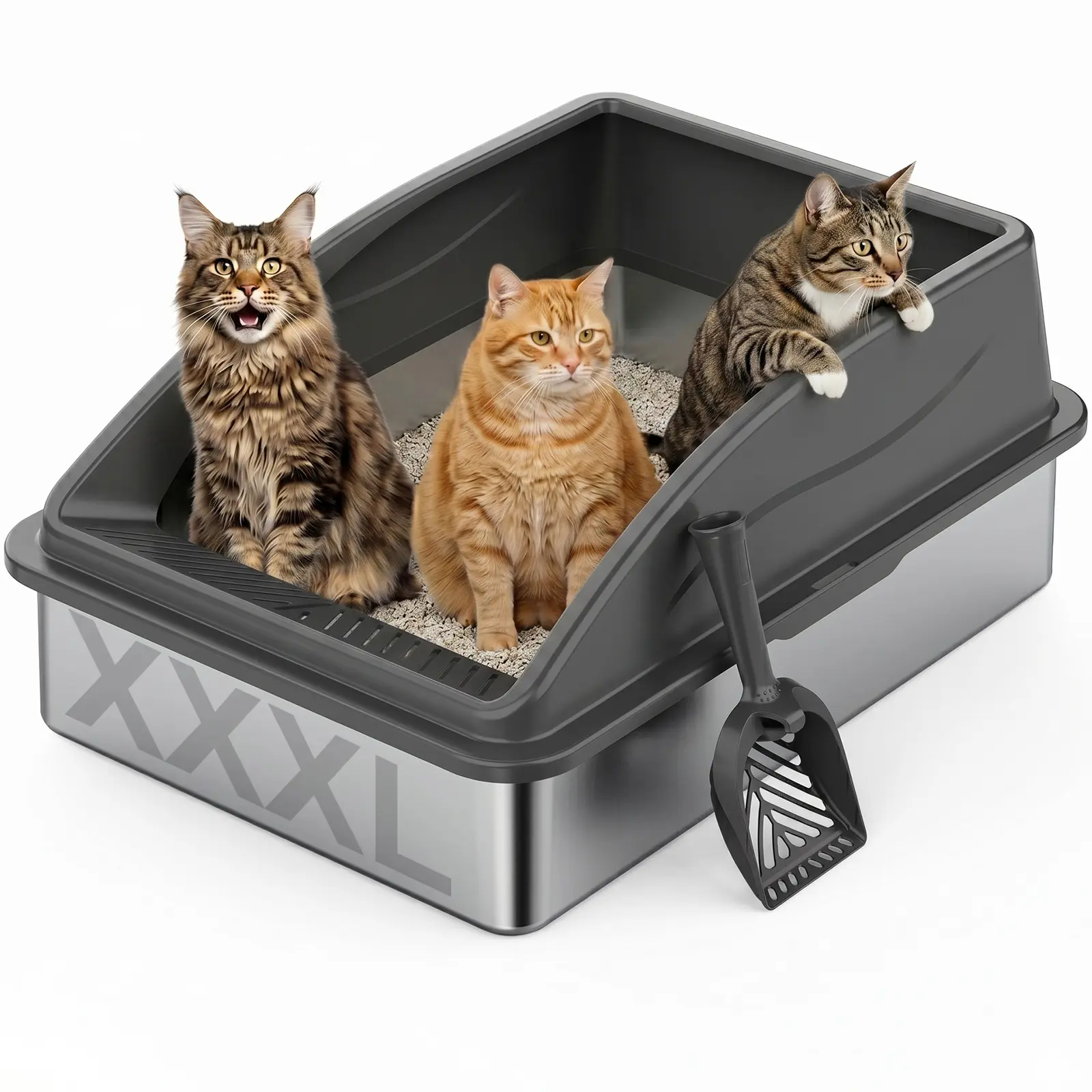 XXXL Stainless Steel Litter Box - Metal Litterbox with High Sides, Non-Stick Material for Easy Cleanup, 37L Capacity, Included Litter Scoop for Multi-Cat Households