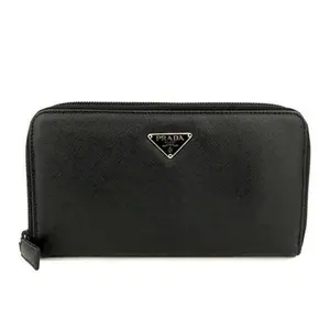Pre-owned PRADA other Small Leather Goods Logo Plate Saffiano Leather Zip Around Long Wallet Black 12232647637/459240