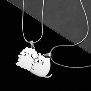 Spliced ​​cat and dog hug couple girlfriends cute cartoon men and women stainless steel necklace gift