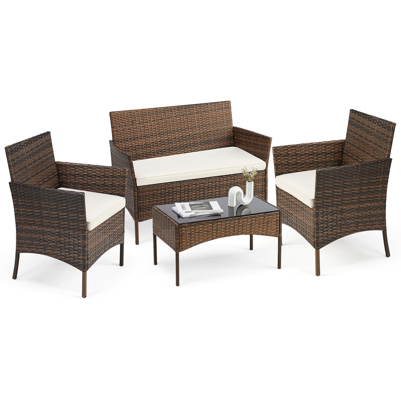 Modern Weatherproof Rattan Conversation Set - Wicker Furniture Set with Patio Sofa, Glass Coffee Table and 3 Chairs for Patio, Garden, Patio Sofa Set
