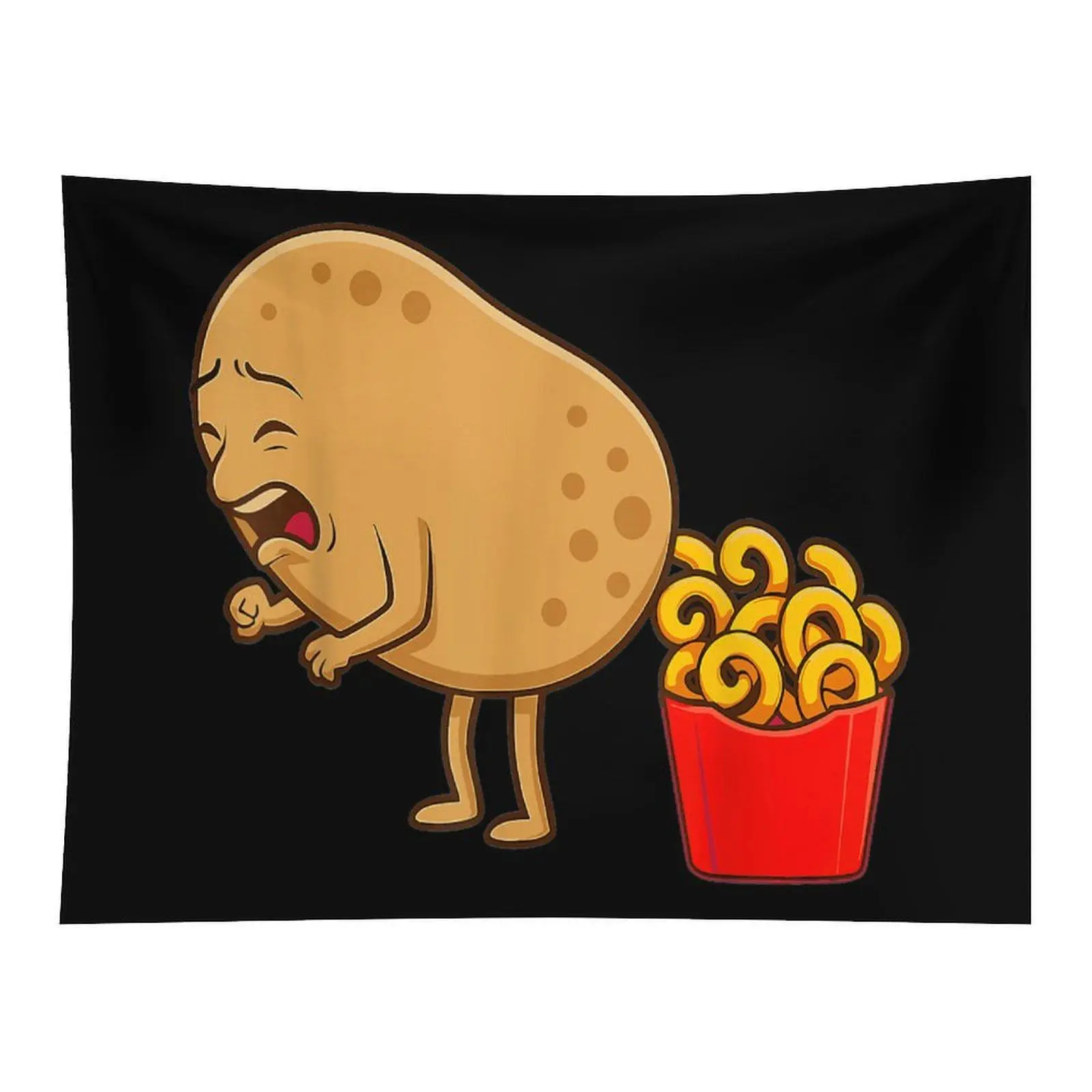 Black Background Cartoon Potato Pooping Curly French Fries Funny Food Meme Cute Vegetable Wall Tapestry For Kitchen Dorm Bedroom Decor