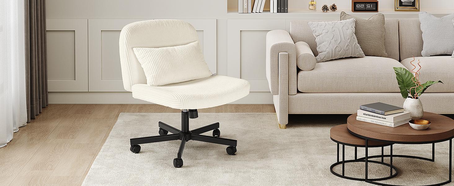 【Massage & Cozy Cushion】ONBRILL Criss Cross Chair with Wheels, Massage Cross Legged Office Chair with Double Layer Sponge Cushion, Corduroy Wide Armless Office Desk Chair Mid Back Swivel Vanity Chair for Home Office, Bedroom Furniture
