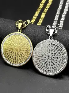 Allah Quran Arabic Rhinestones Pendant Necklaces for Women Men Stainless Steel Gold Color Islam Muslim Hip Hop Chains