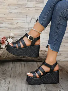 Golden beach sandals, women's wedge heel thick soled sandals, adjustable metal buckle, suitable for holidays and daily wear