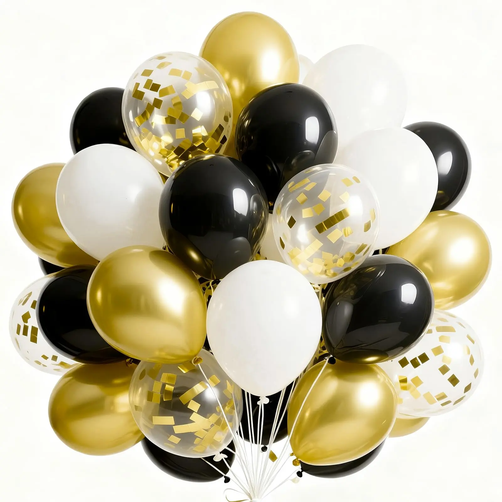 PartyWoo 66-Piece 12in Thick Floatable Balloons - Matte Black, White, Metallic Chrome Gold, Confetti - Balloon Arch, Birthday Theme for Graduation Decorations, Balloon Arch Balloons, Birthday Theme Balloons