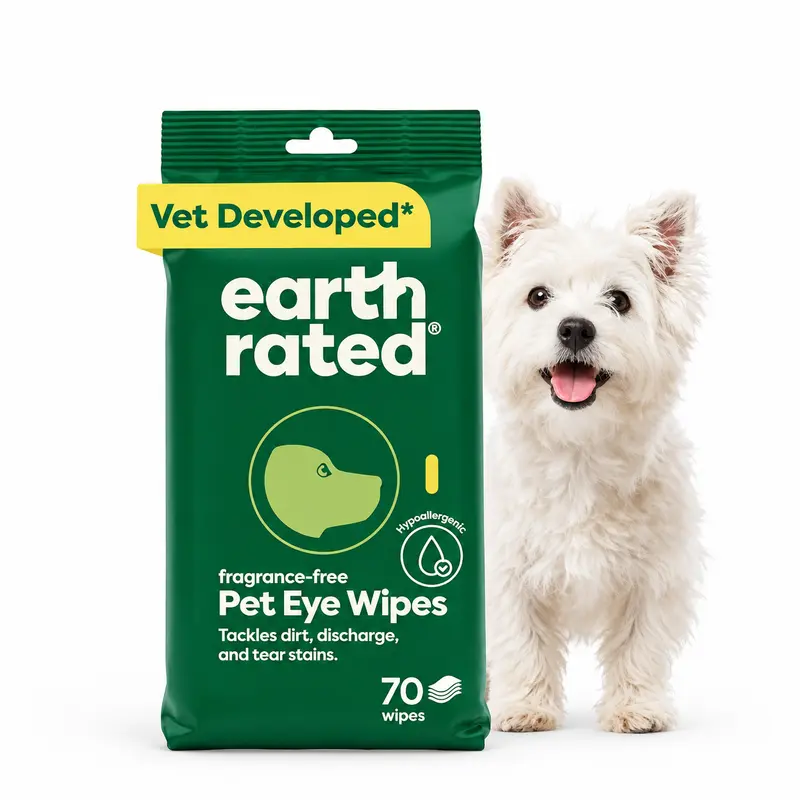 Earth Rated | Dog Eye Wipes, Hypoallergenic Pet Wipes for Dogs & Cats to Remove Dirt & Discharge, Fragrance Free, 70 Count