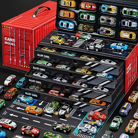 aopuro_us 48-Pcs High-Quality Ford Mustang Pull-Back Alloy Motor Vehicles Playset Toy Kit, Durable & Wear-Resistant, Garage Box Storage for Easy Storage, 3-4 Years Kids' Entertainment Learning Holiday Gift, Random Pattern Miniatures