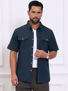 INSPIRE CHIC Men's Fishing Shirt Summer Short Sleeve Solid Hiking Cargo Shirts